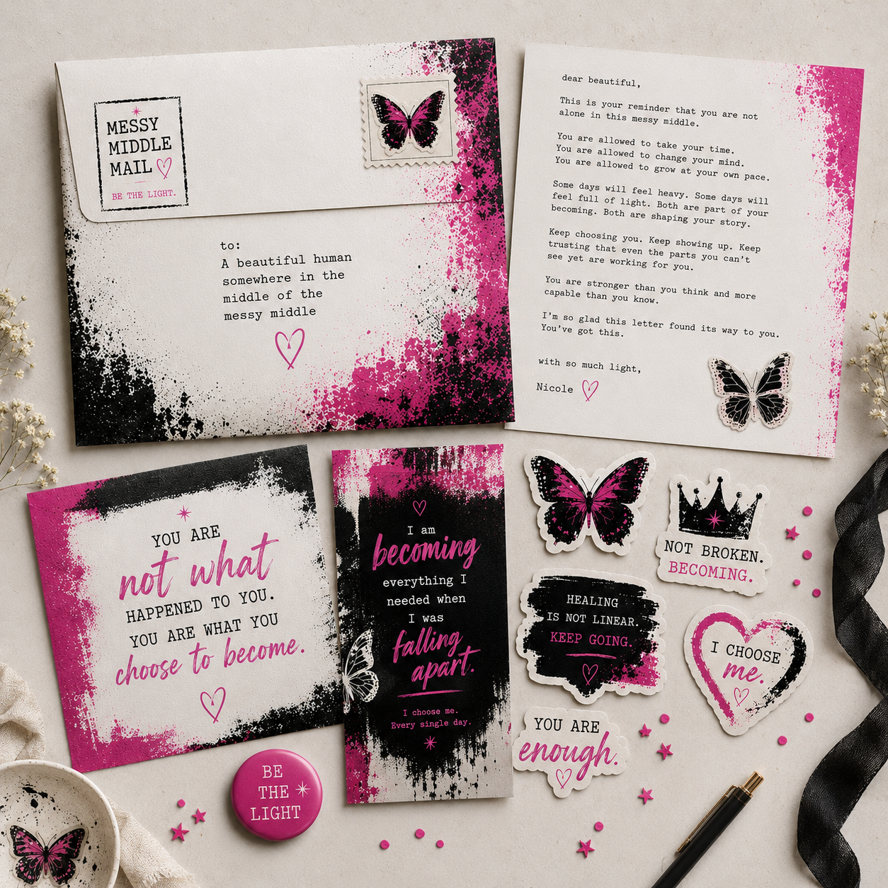 Messy Middle Mail letter flatlay: envelope, typewriter letter, quote cards and butterfly stickers